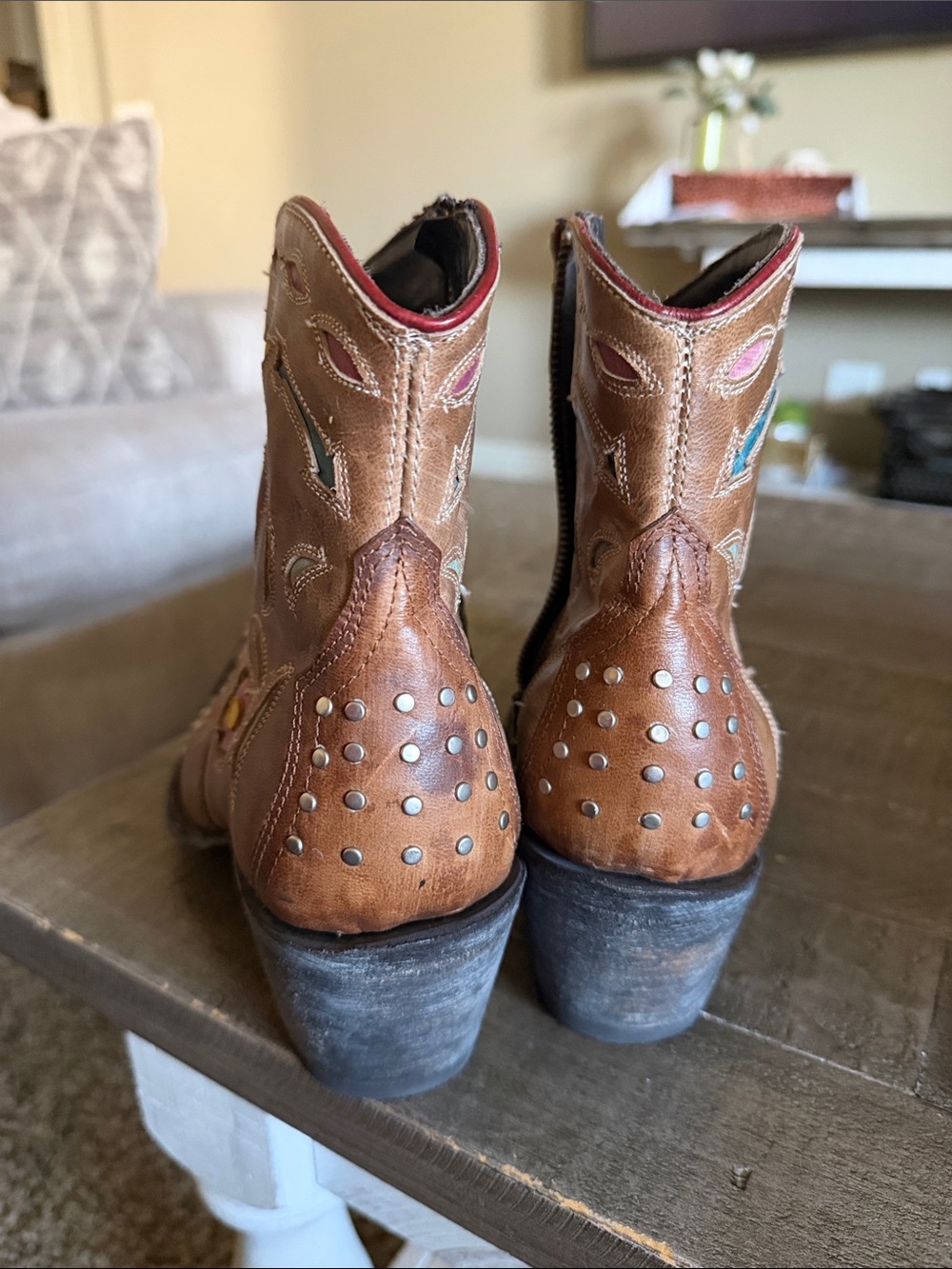 Old Gringo Brown Leather Western Ankle Boots with Colorful Inlay - Picture 4 of 13